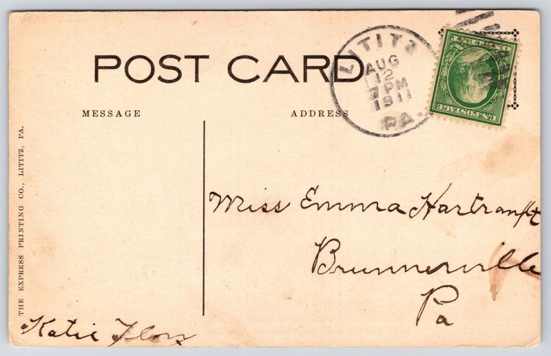 1911 Lititz Pennsylvania The Moravian Church & Parsonage Grounds Posted Postcard