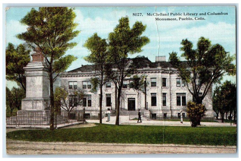 1922 McClelland Public Library & Columbus Monument Pueblo Colorado CO Postcard