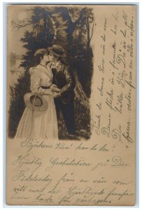 c1905 Sweet Couple Kissing Romance Sweden Posted Antique RPPC Photo Postcard 