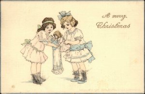 Christmas - Unsigned Brundage? Little Girls & Dolls c1910 Postcard