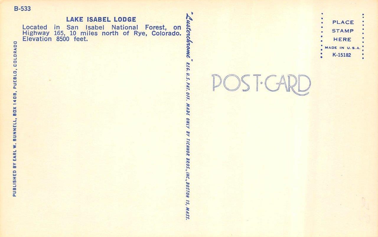 RYE, CO Colorado LAKE ISABEL LODGE Roadside Cars c1960's Postcard