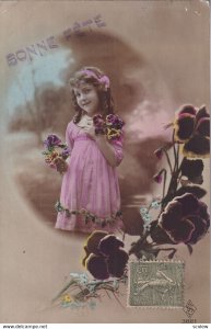 RP: BIRTHDAY, PU-1917; Pretty little girl holding pansies