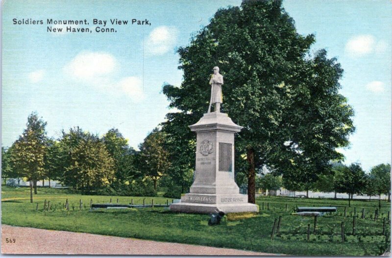 New Haven Connecticut Postcard 1910 Civil War Soldiers Monument Bay View Park MS