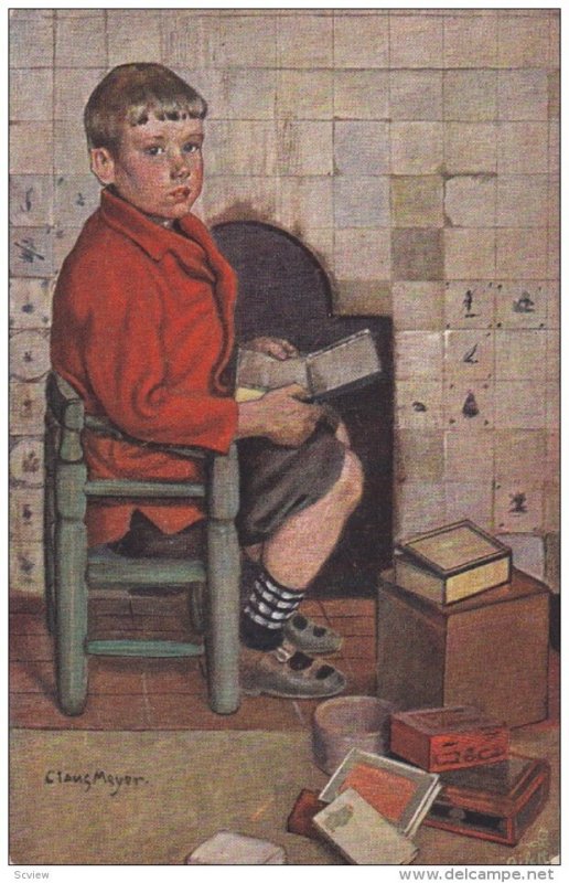 TUCK #1204; Little boy sitting in chair holding tin box, cigar boxes, 00-10s