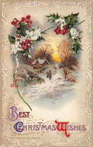 Christmas Best Christmas Wishes Winter Cabin Scene, Winsch, Vintage PC U4816