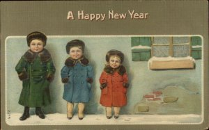 New Year - Cute Kids Children Snowsuits #2215 c1910 Postcard