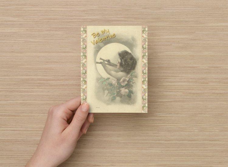 Handmade Valentine Postcards Set of 6, Old Fashioned Cupid and Country Roses