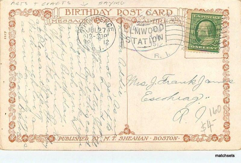 1912 Arts & Crafts Birthday poem saying postcard 4240