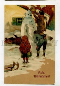 3111776 SNOWMAN & Funny Kids w/ SLED Vintage X-MAS LITHO PC