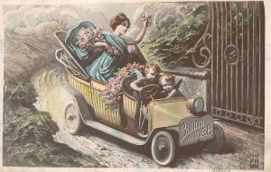 RPPC Bonne Année Woman, Angels, Car New Year Greetings 1910 Art Nouveau Antique