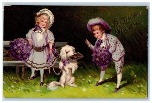 c1910's Birthday Greetings Children Dog Pansies Flowers Gel Gold Gilt Postcard