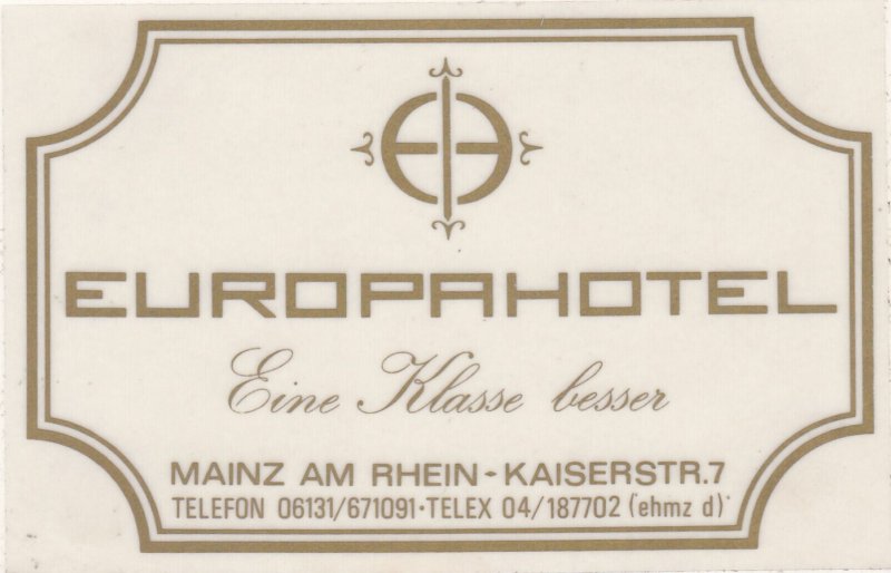 Germany Mainz Am Rhein Europahotel Vintage Luggage Label sk2360
