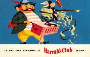 HARRAH'S CLUB Organ Grinder Monkey RENO, NV Comic Casino c1950s Vintage Postcard