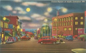 Lewiston Maine Union Square at Night, Old Cars Linen Postcard Unused