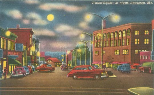 Lewiston Maine Union Square at Night, Old Cars Linen Postcard Unused