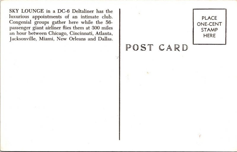 Airline Advertising  DELTA DC-6 AIRPLANE SKY LOUNGE  ca1950's Aviation Postcard