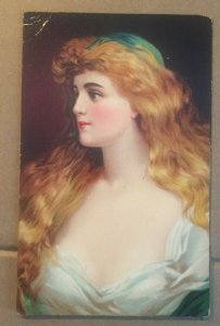 VINTAGE 1908 USED  POSTCARD - IMAGE OF A YOUNG WOMAN - CREASE UPPER LEFT CORNER