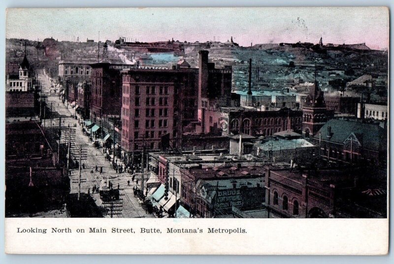 Butte Montana MT Postcard Looking North On Main Street Metropolis Building Scene