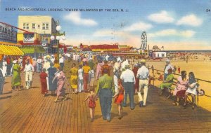 Beach & Boardwalk, Wildwood By The Sea, New Jersey 1937 Linen Vintage Postcard