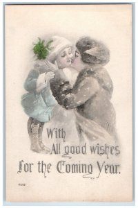 c1910's New Year Mother And Daughter Kissing Unposted Antique Postcard