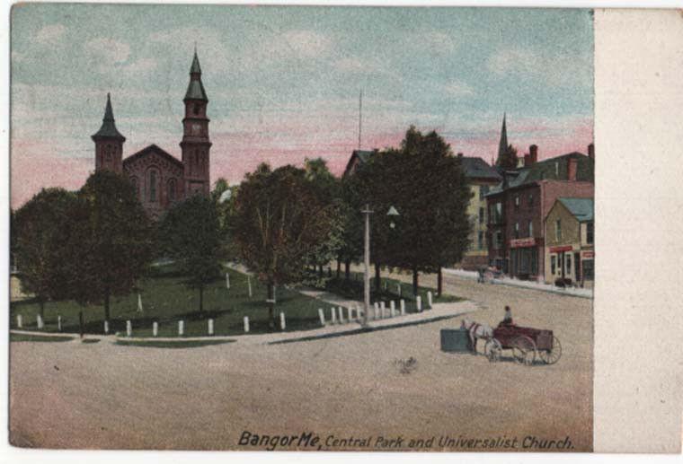 Bangor, Maine, View of Central Park & Universalist Church, 1907