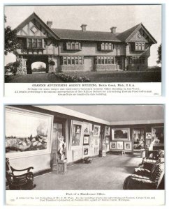 2 Postcards BATTLE CREEK, MI ~ GRANDIN ADVERTISING AGENCY & Office Interior Art