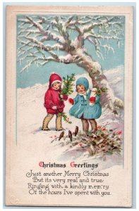 c1910's Christmas Greetings Children Birds Holly Berries Winter Posted Postcard