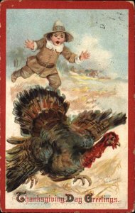 Brundage Thanksgiving Little Boy Pilgrim Chasing Turkey c1910 Postcard