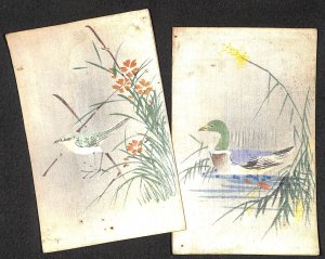 Hand painted silk material unit of 2 vintage postcards birds fantasy topic Japan 