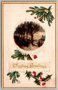 Vtg Christmas Greetings Mother and Child Holly Berries 1910s Embossed Postcard