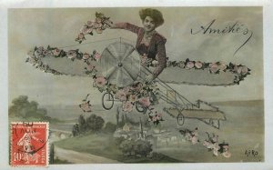 C-1910 Early Aviation Fantasy Woman Floral Wings Postcard 22-7997
