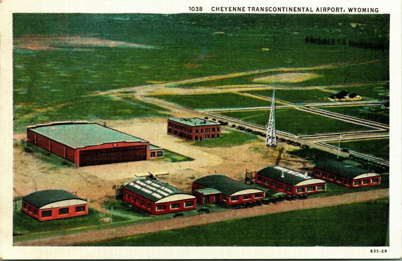 Vintage 1940s Linen Postcard - Cheyenne Transcontinental Airport Wyoming Aerial 