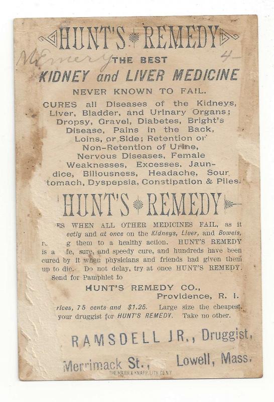 Victorian Trade Card Hunts Remedy Patent Medicine Ramsdell Druggist Lowell MA