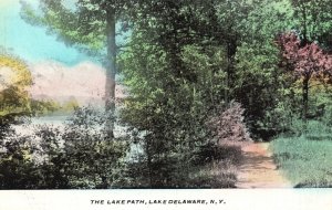 Vintage Postcard Lake Path Hiking Trail Forest Trees Lake Delaware New York NY