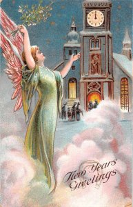 New Year Greetings Angel with Branch Church Scene Vintage Postcard AA29996