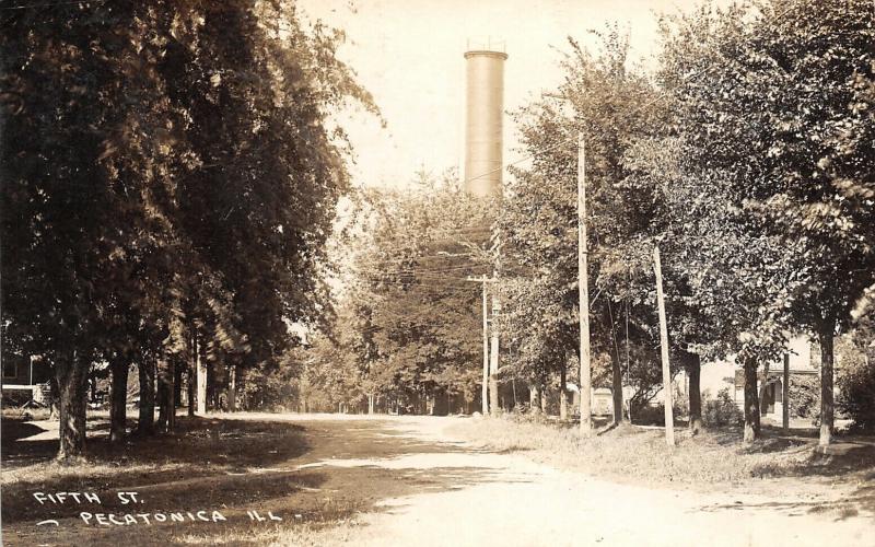 Pecatonic IL~Dirt Fifth Street~Standpipe Dwarfs Trees. Telephone Poles~RPPC  