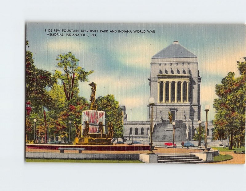 Postcard De Pew Fountain, University Park And Indiana World War Memorial, IN