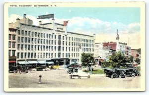 1920s WATERTOWN NY HOTEL WOODRUFF STREET VIEW AUTOMOBILES US FLAG POSTCARD P2058