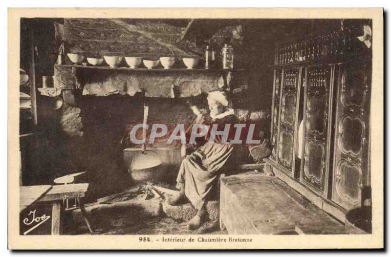 Old Postcard Folklore Breton chaumiere of Interior