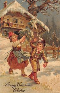 Loving Christmas Wishes Greetings Kids & Tree c1910s Embossed Vintage Postcard