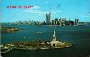 Statue Liberty Bedloe Island New York Harbor NY Aerial View Postcard Cancel PM  