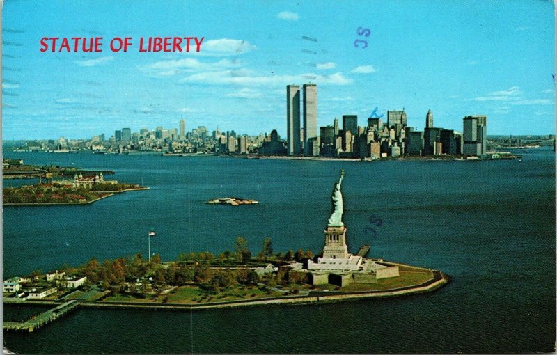 Statue Liberty Bedloe Island New York Harbor NY Aerial View Postcard Cancel PM  
