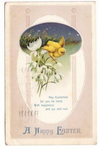 A Happy Easter - Hatched Chick - White Flowers - Vintage 1911 Embossed Postcard