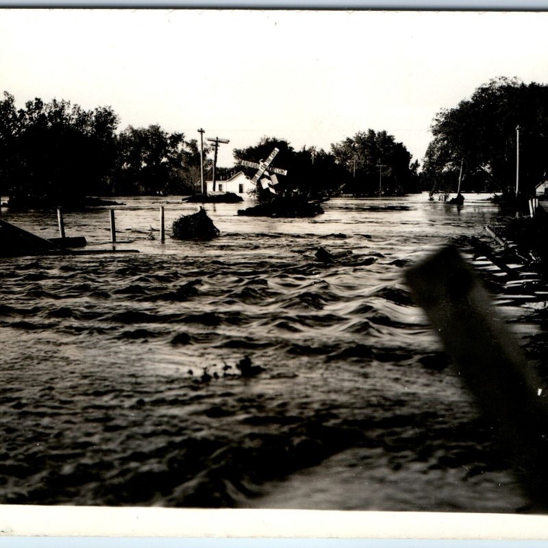 c1930s Town Flood Disaster RPPC Railway Crossing Real Photo Ruins Postcard A123