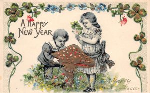 New Year Greetings Children with Mushroom Vintage Postcard AA75040