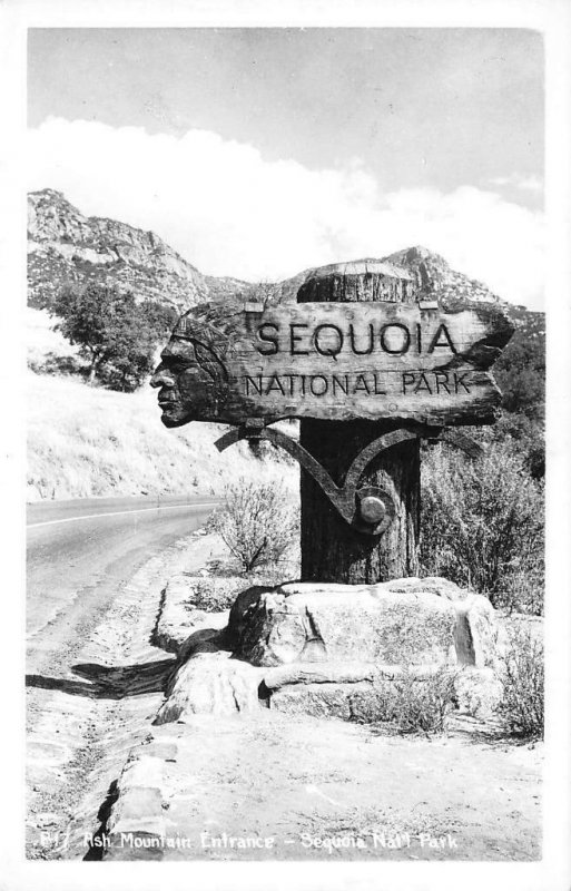 RPPC Ash Mountain Entrance, Sequoia National Park Wooden Sign ca 1950s Postcard