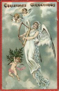 Christmas - Angel & Cherubs - Harp & Tree c1910 Postcard