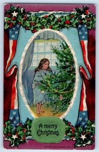 c1910's Christmas Girl Christmas Tree Holly Berries Embossed Antique Postcard