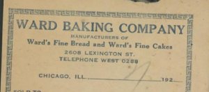 1920s CHICAGO IL WARD BAKING COMPANY LEXINGTON ST FINE BREAD CAKES INVOICE 31-9