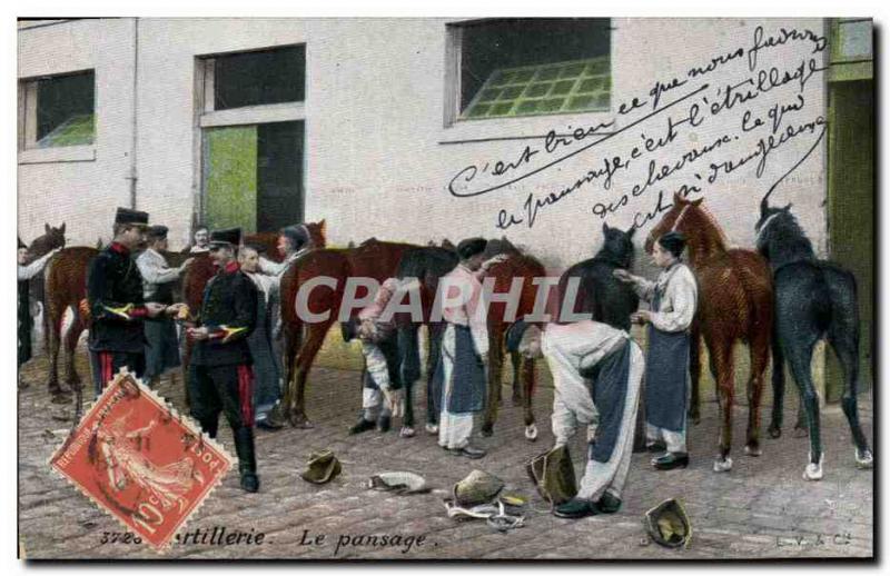 Old Postcard The Army Artillery grooming Horses